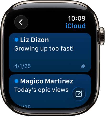 У вхідних листах в програмі «Пошта» показано два е‑листи. Кнопка «Назад» — зліва вгорі, а кнопка створення листа — унизу справа.