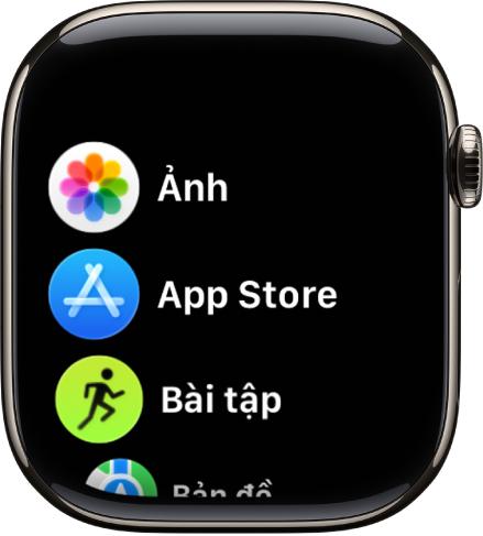 Màn hình chính ở chế độ xem danh sách, với các ứng dụng theo thứ tự bảng chữ cái.