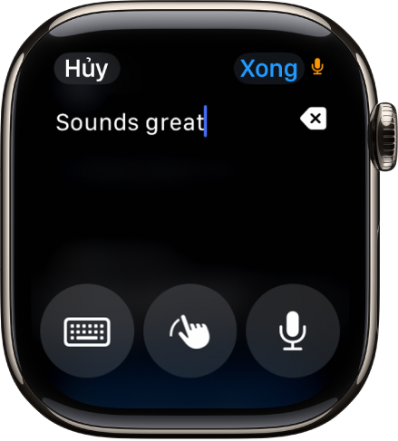 Màn hình trường văn bản đang hiển thị một tin nhắn ở đầu màn hình. Các nút Bàn phím ảo, Viết chữ và Đọc chính tả ở cuối màn hình.
