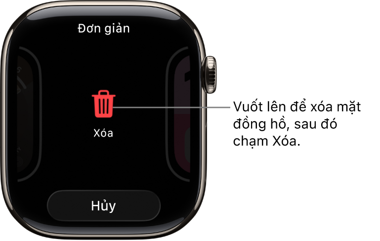 Màn hình Apple Watch đang hiển thị các nút Xóa và Hủy, xuất hiện sau khi bạn vuốt đến một mặt đồng hồ, sau đó vuốt mặt đồng hồ lên để xóa.