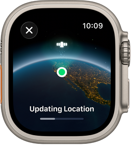 螢幕顯示「更新位置」和進度列,以及太空視角的地球影像和綠色的位置指示圓點。