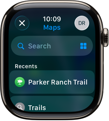 「地圖」App 中的「搜尋」畫面,最上方是搜尋欄位。「最近項目」的搜尋列表在底部出現。