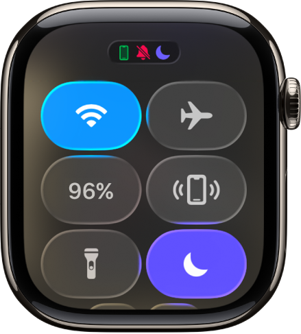 「控制中心」顯示六個按鈕:Wi-Fi、「呼叫 iPhone」、「電池」、「靜音模式」、「劇院模式」和「勿擾模式」。