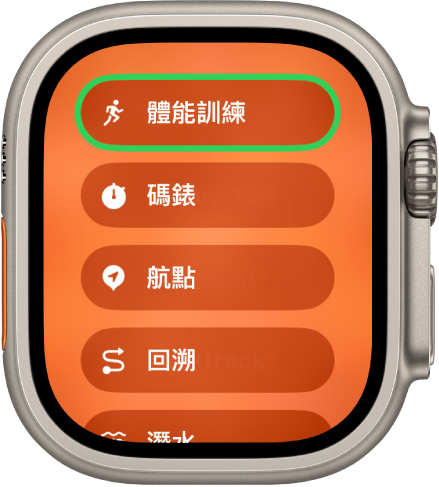 「快速切換」畫面顯示可指定給「動作」按鈕的動作,例如「體能訓練」、「碼錶」和「航點」。