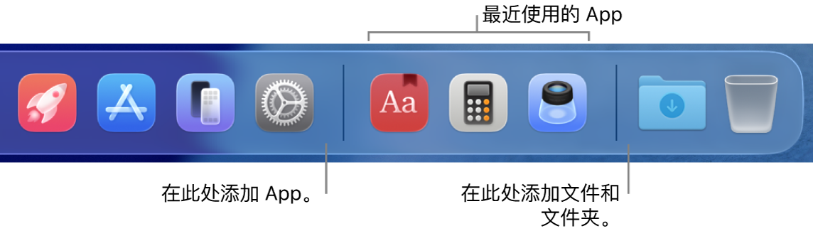 程序坞的右端显示最近使用的 App 部分前后的分隔线。