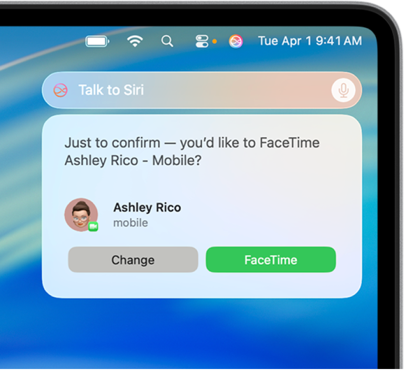 حقل طلب Siri والرد في الزاوية العلوية الأيسر من سطح مكتب Mac.