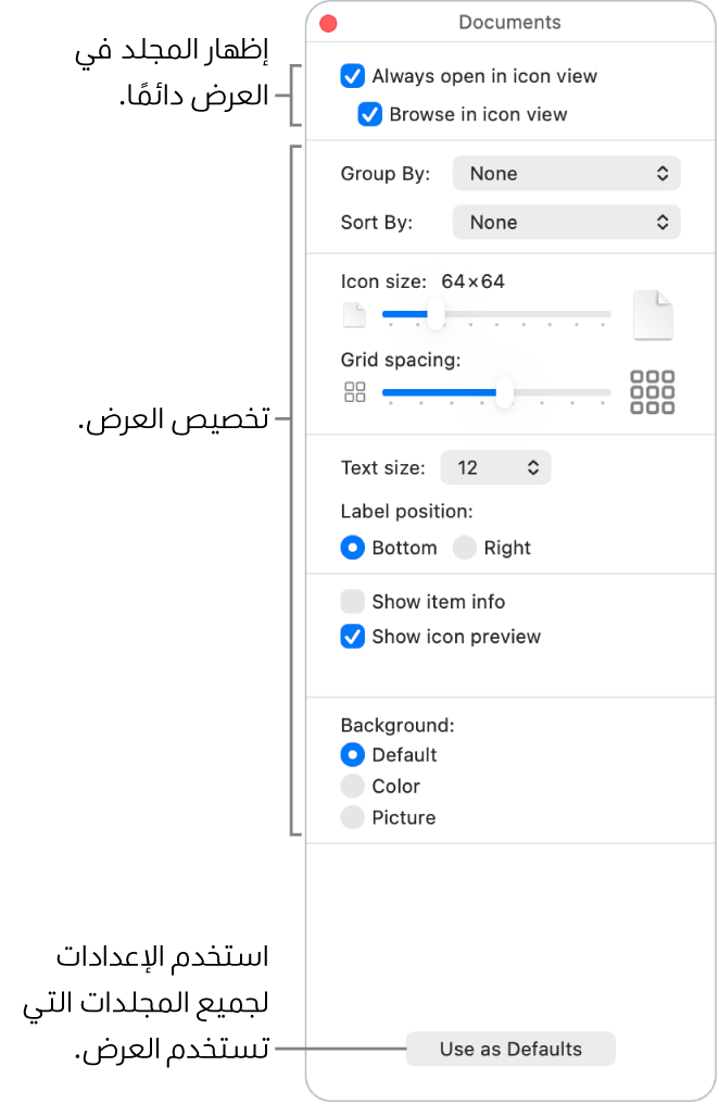 خيارات العرض كأيقونة لمجلد.