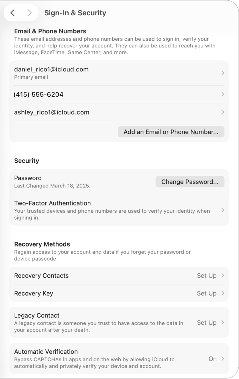 إعدادات حساب Apple تعرض إعدادات تسجيل الدخول والأمن لحساب موجود.