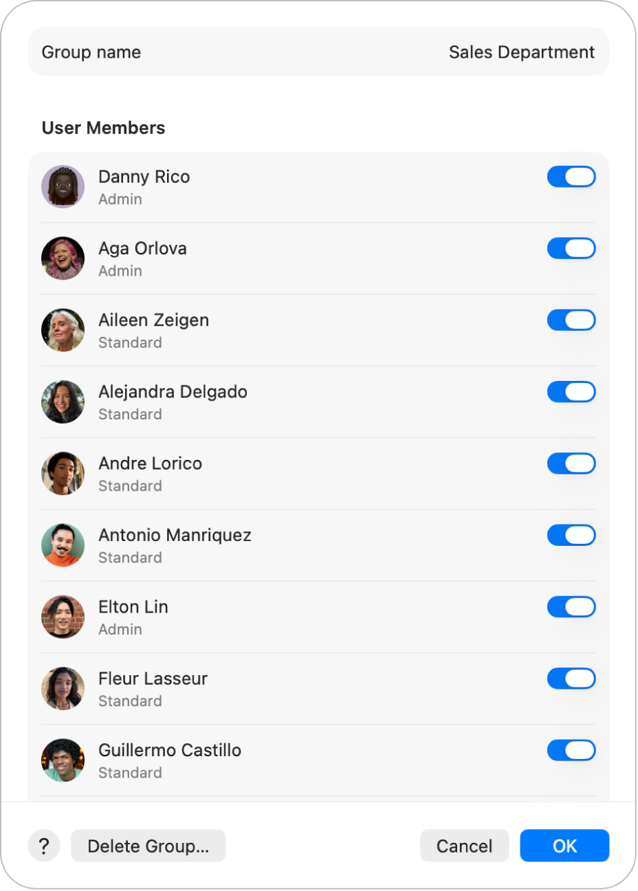 خيارات مجموعة في إعدادات المستخدمين والمجموعات. يوجد على يمين كل مستخدم خيار تضمين المستخدم أو استبعاده من المجموعة. في الجزء السفلي توجد أزرار المساعدة وحذف المجموعة والإلغاء وموافق.