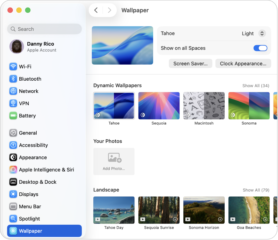 La finestra de la configuració del sistema, amb l’apartat “Fons de pantalla” seleccionat a la barra lateral i el fons de pantalla dinàmic del Tahoe (clar) seleccionat a la dreta.