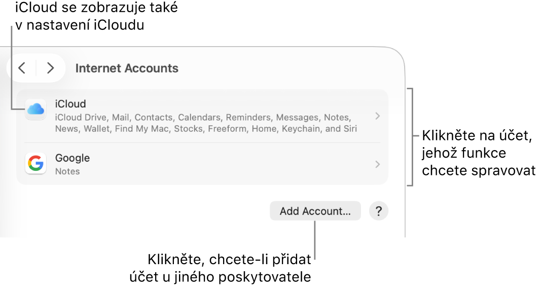 Nastavení Internetové účty se seznamem účtů nastavených na Macu