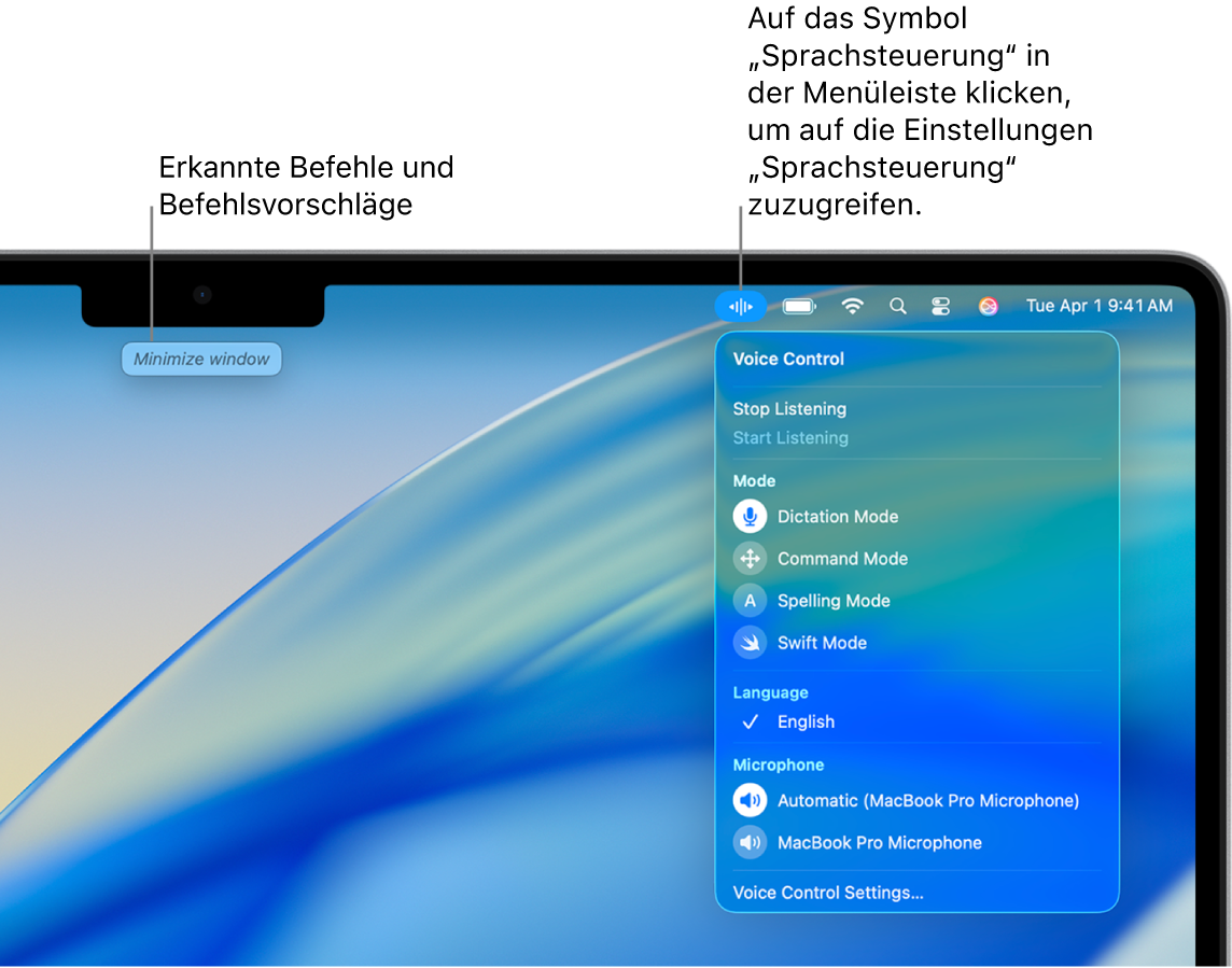 Oben auf dem Schreibtisch wird ein Befehlsvorschlag angezeigt. Rechts wird in der Menüleiste das Symbol „Sprachsteuerung“ angezeigt und das Menü „Sprachsteuerung“ ist geöffnet.