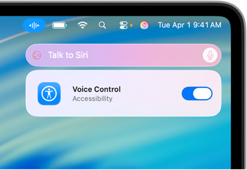 Το πεδίο αιτήματος και απάντησης του Siri στην πάνω δεξιά γωνία του γραφείου εργασίας του Mac.