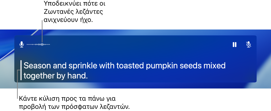 Μια απομαγνητοφώνηση σε πραγματικό χρόνο του ήχου μικροφώνου του υπολογιστή εμφανίζεται ως κείμενο με δυνατότητα κύλισης στο παράθυρο «Ζωντανές λεζάντες».