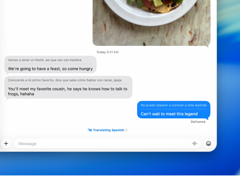 Ένα παράθυρο της εφαρμογής «Μηνύματα» που δείχνει ένα μήνυμα να μεταφράζεται από τα Ισπανικά στα Αγγλικά.