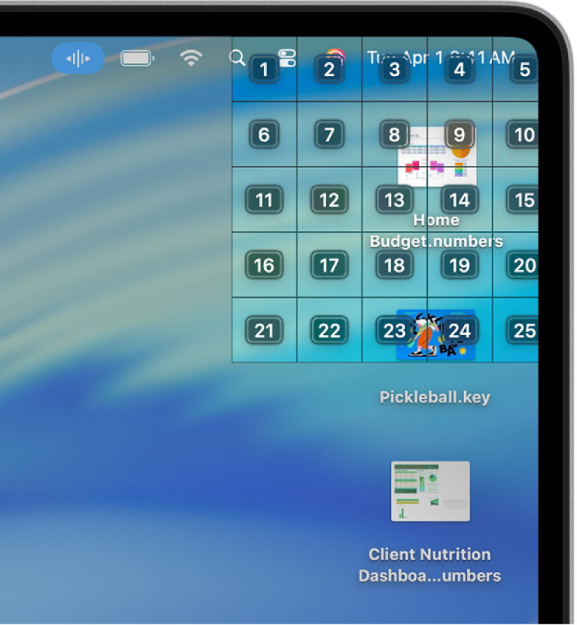 A grid is shown in the top-right corner of the screen, where Numbers and Keynote documents are located. Each cell in the grid is labelled with a number.