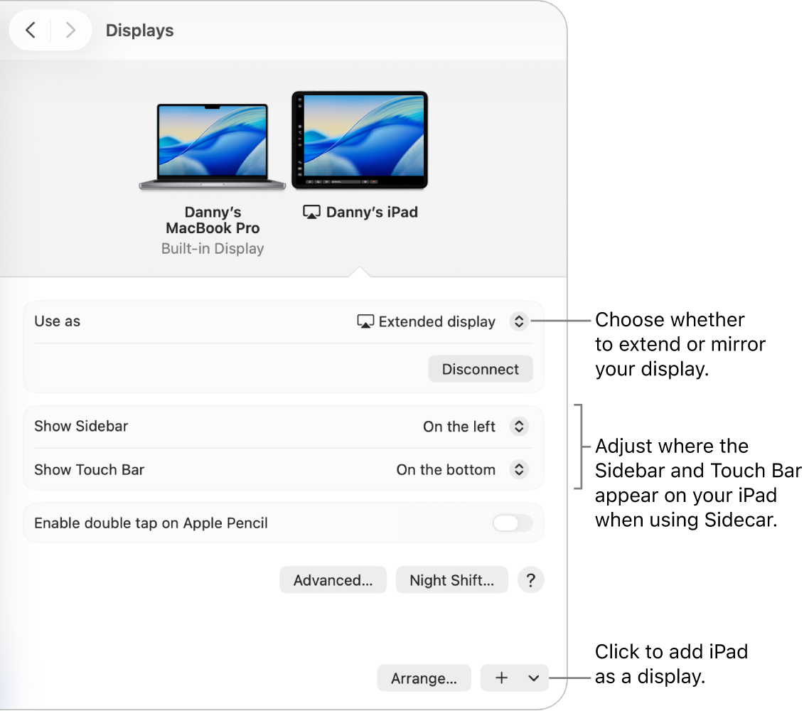 The Displays settings pane on Mac showing options for setting up Sidecar.