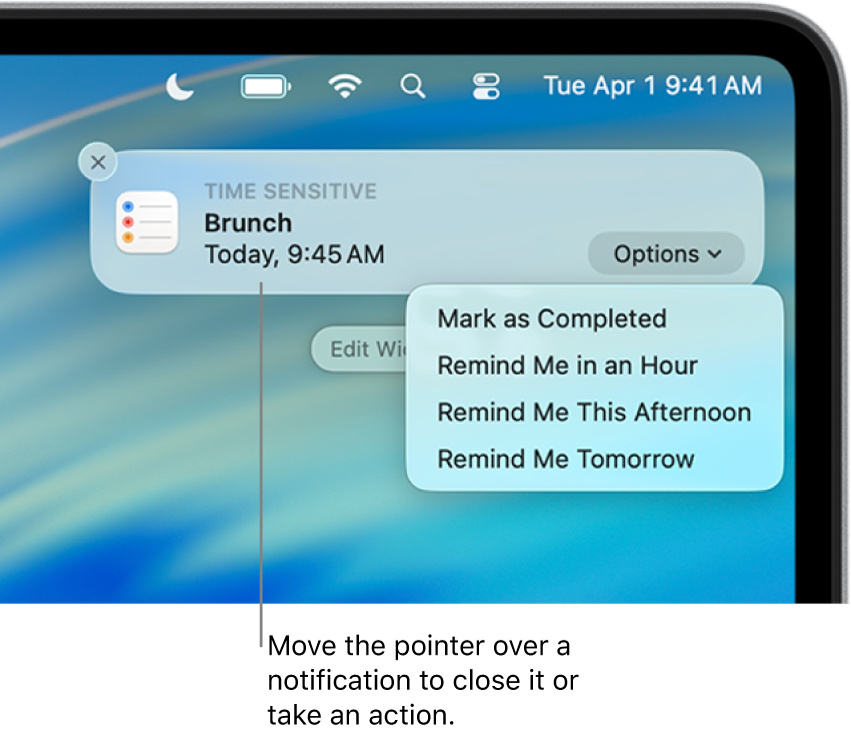 App notification for a reminder in the upper-right corner of the desktop, including options to Mark as Completed or Reminder Me in an Hour.