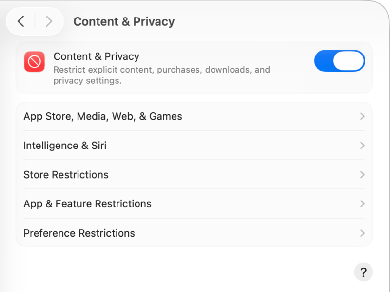 Configuración de Contenido y privacidad en Tiempo en pantalla.