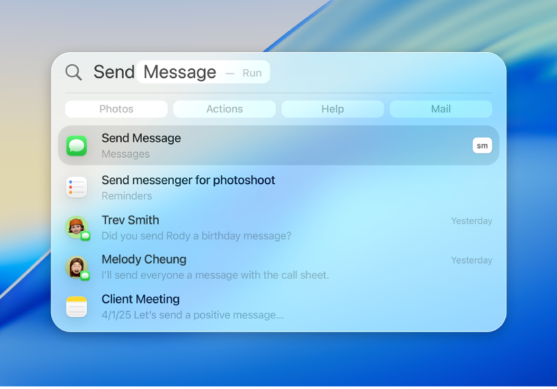 Una solicitud de búsqueda de Spotlight con resultados debajo del campo de búsqueda.