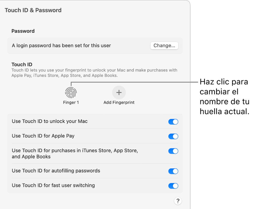 La configuración de Touch ID y contraseña mostrando una huella digital lista para usarse para desbloquear la Mac.