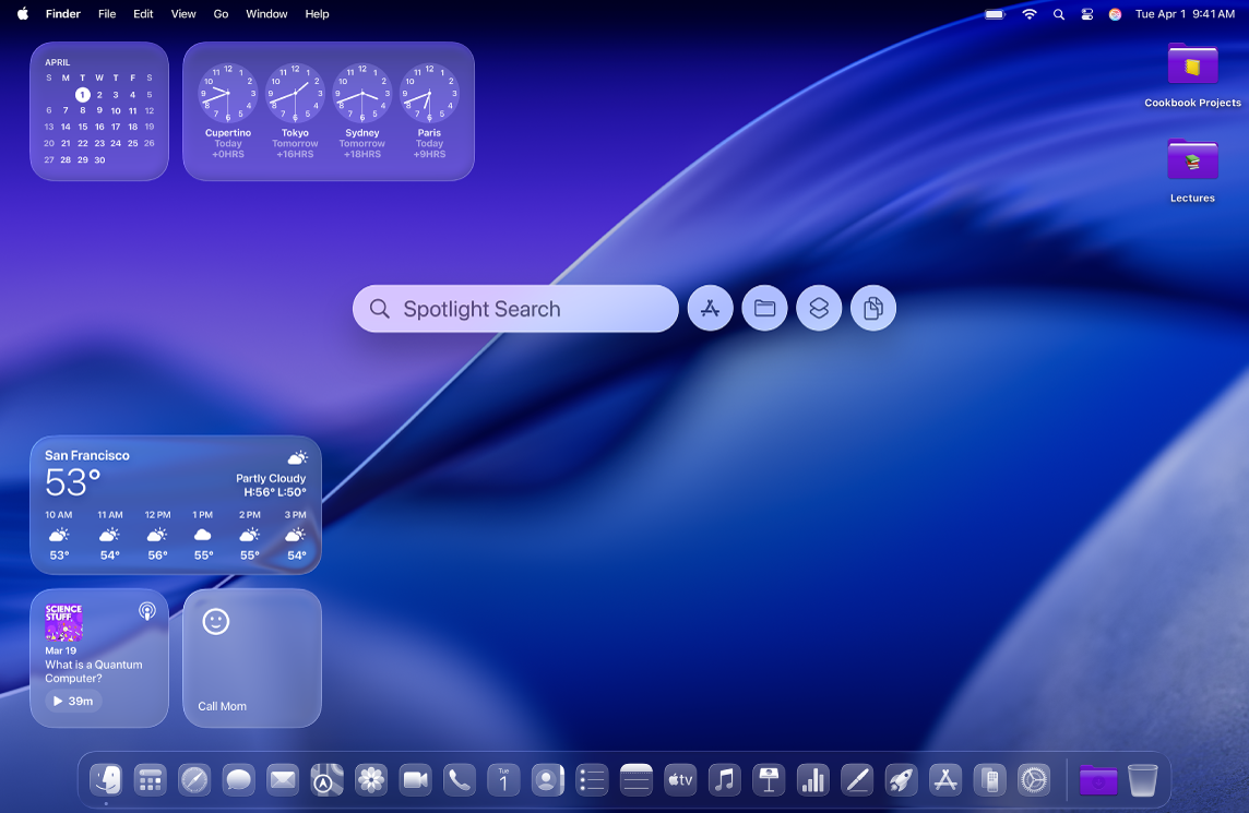 El escritorio de una Mac con una ventana de Spotlight, íconos personalizados y widgets.