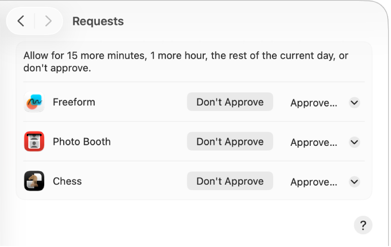 La pantalla de ajustes de “Tiempo de uso” de un menor con tres solicitudes de tiempo adicional en tres apps diferentes. Cada solicitud tiene un botón “No aprobar” y un menú desplegable Aprobar.