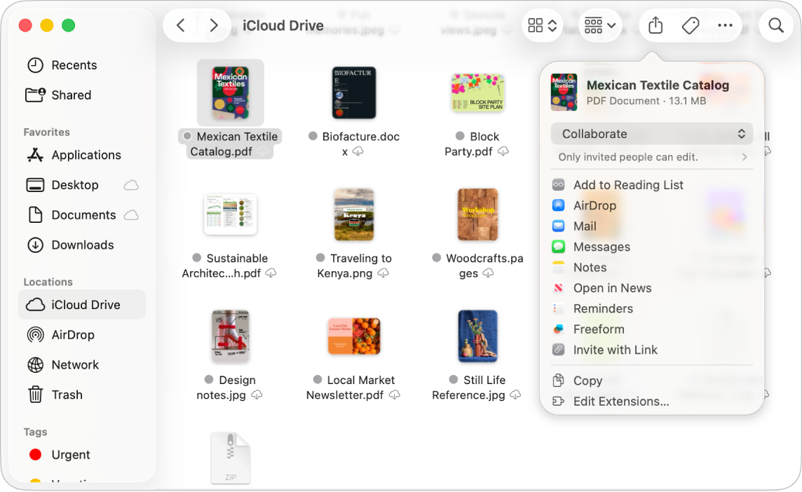 Una ventana del Finder que muestra archivos y carpetas en iCloud Drive. En el menú desplegable Compartir está seleccionada la opción Colaborar.