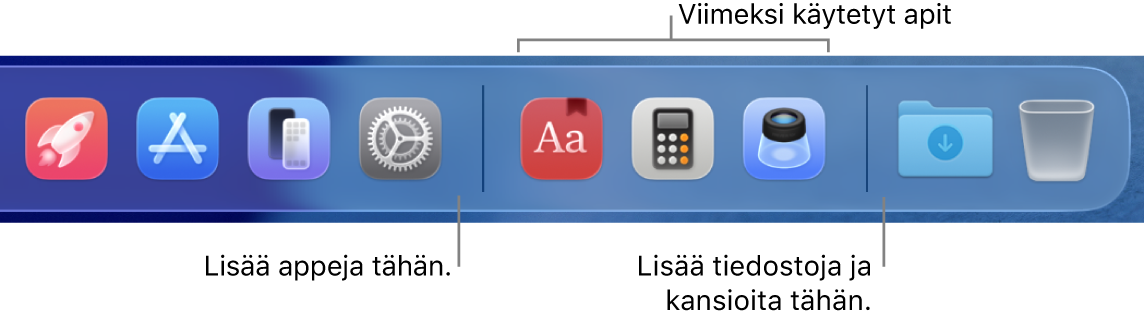 Dockin oikea reuna, jossa näkyy erotinviivat äskettäin käytettyjen appien osion molemmin puolin.