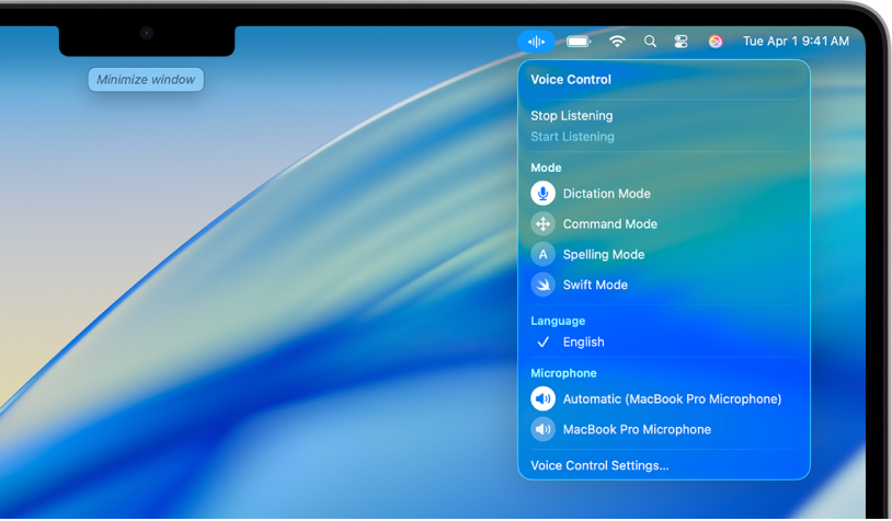 Ääniohjaus-kuvake näkyy valikkorivillä ja Ääniohjaus-valikko on avoinna.