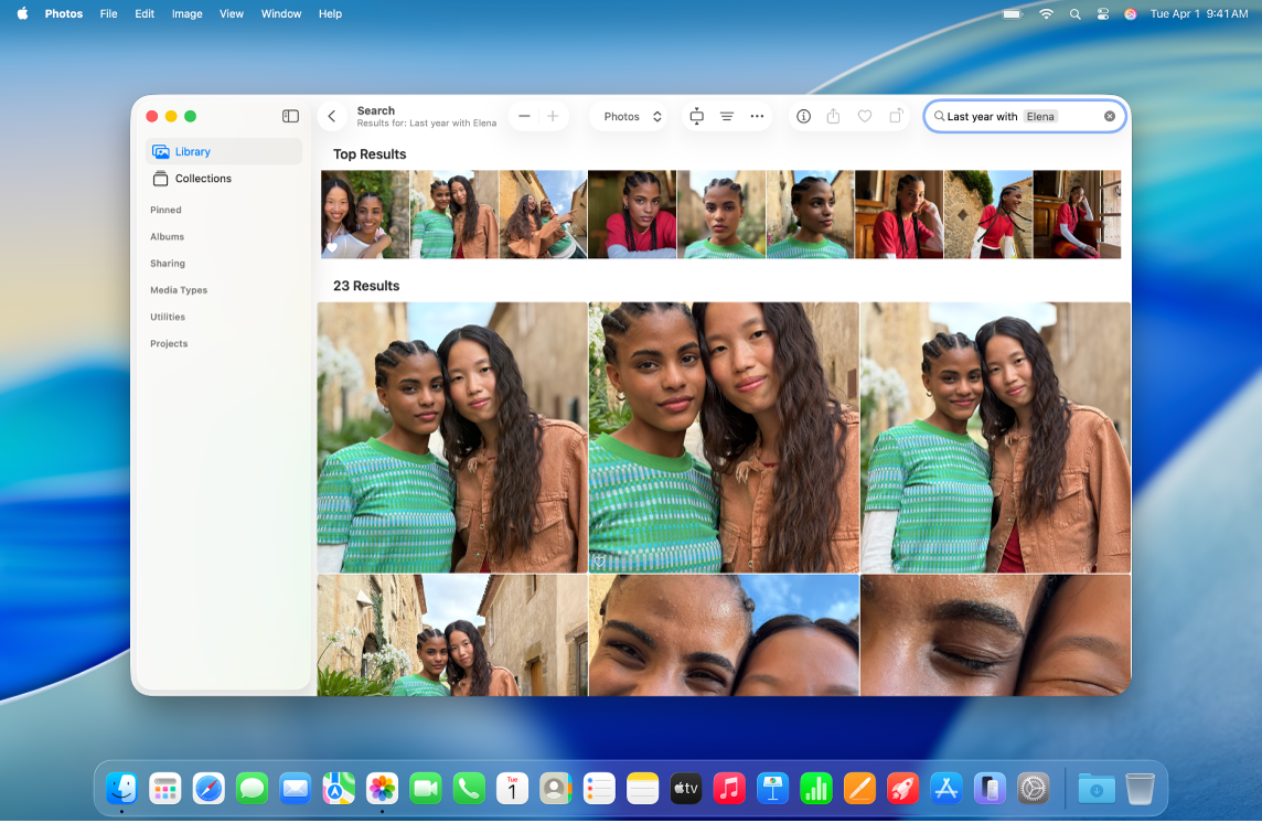 Macin työpöydällä näkyy Kuvat-appi. Hakukentässä näkyy luonnollisen kielen haku, ja sen alapuolella hakutulokset kirjastosta.