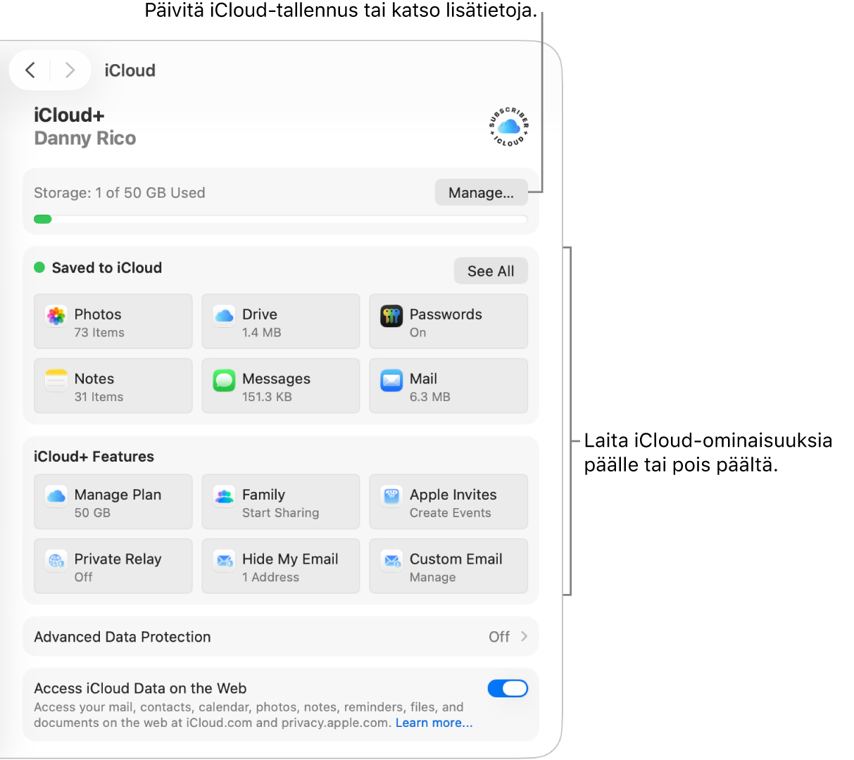 iCloud-asetukset yleisimmin käytetyille ominaisuuksille.