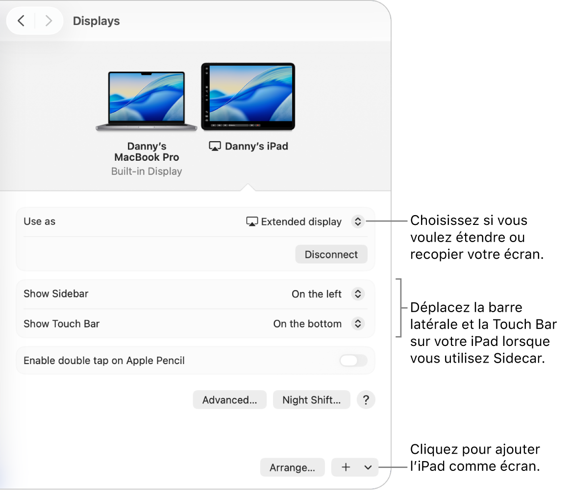 La sous-fenêtre des réglages Écrans du Mac qui affiche les options de configuration de Sidecar.