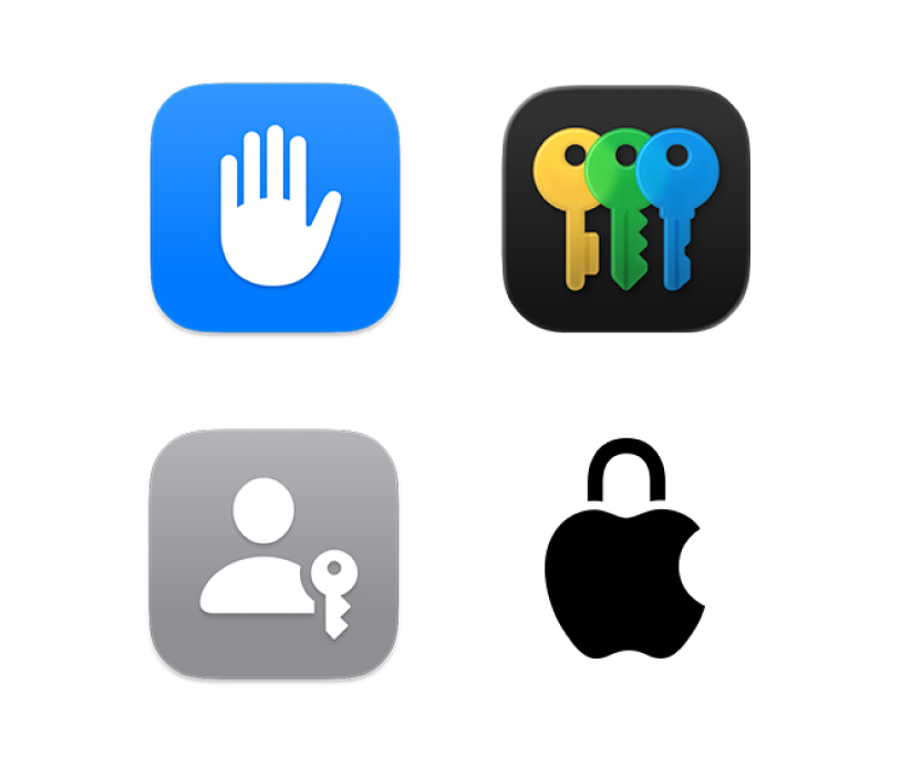 Quatre icônes représentant Confidentialité et sécurité, l’app Mots de passe, Clés d’identification et Confidentialité chez Apple.
