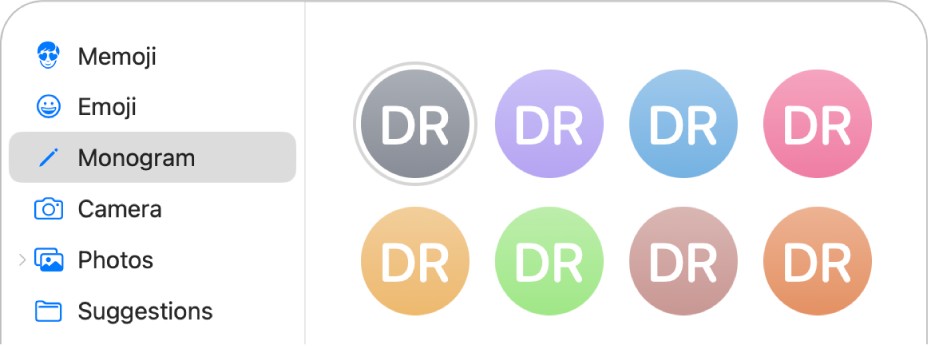 Options relatives à l’image du compte Apple avec Monogramme sélectionné dans la barre latérale et plusieurs monogrammes affichés.