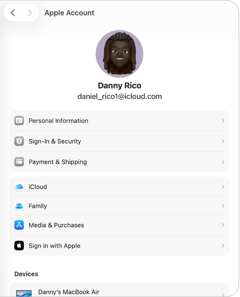 Les réglages Compte Apple affichant l’image du compte Apple en haut.