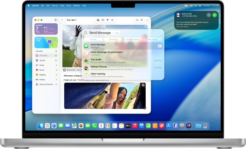 Le bureau d’un Mac affichant l’app Journal ouverte derrière une fenêtre de recherche Spotlight, avec des résultats sous le champ de recherche. Dans le coin supérieur droit, un appel téléphonique est en attente.