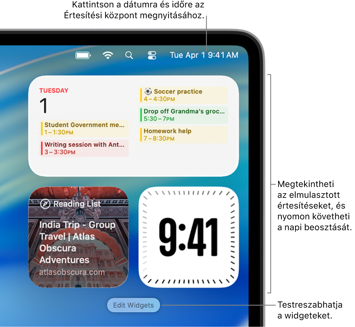 Értesítések és widgetek az Értesítési központban.