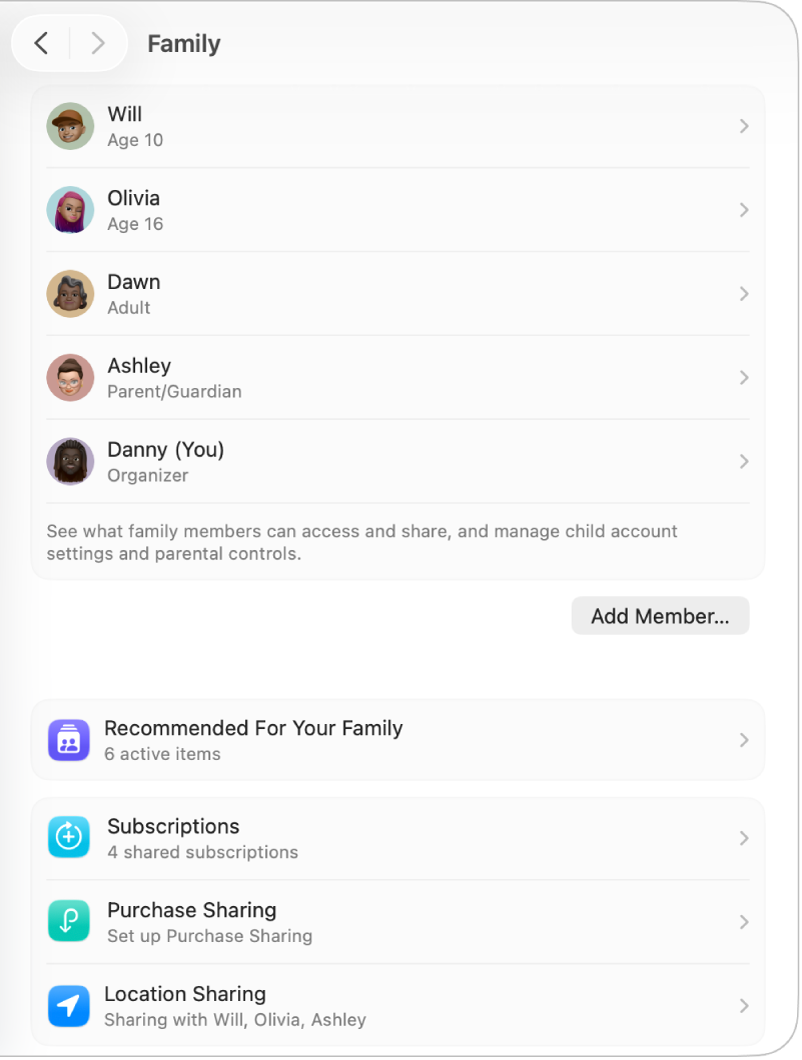 Le impostazioni di “In famiglia” con un elenco dei membri di un account esistente e diversi tipi di opzioni di account che puoi utilizzare con “In famiglia”.