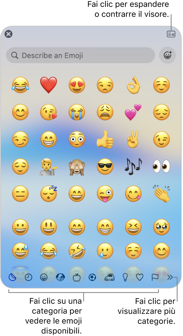 La finestra di Visore caratteri. Fai clic su una categoria nella parte inferiore per sfogliare i caratteri o i simboli. Nel campo di ricerca, inserisci il nome o il codice di un simbolo per trovare un carattere specifico. Nell’angolo superiore destro, fai clic per espandere o comprimere il visore.