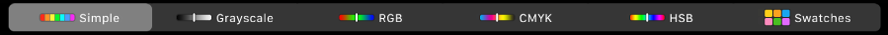 왼쪽에서 오른쪽으로 심플, 흑백 모드, RGB, CMYK 및 HSB와 같은 색상 모델을 표시하는 Touch Bar. 오른쪽 끝에 있는 견본 버튼.