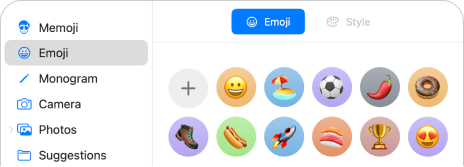 Pilihan gambar Akaun Apple dengan Emoji dipilih dalam bar sisi dan pelbagai emoji ditunjukkan.