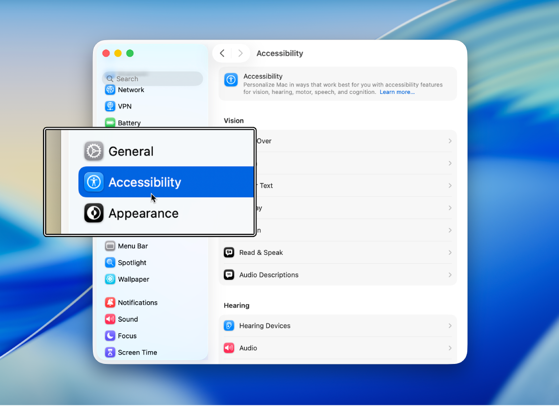 Tetingkap Seting dibuka pada desktop. Tindihan menunjukkan versi bahagian tetingkap yang dizum masuk.