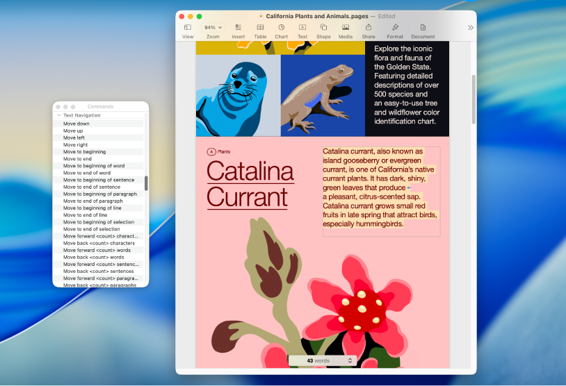 Het venster 'Stembedieningscommando's' naast een Pages-document. In het venster 'Stembedieningscommando's' worden commando's voor werken met tekst getoond.