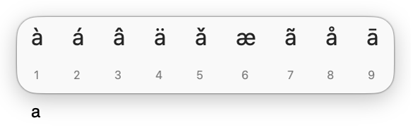 Het menu met de beschikbare accenttekens voor de letter a, met meerdere varianten van de letter.