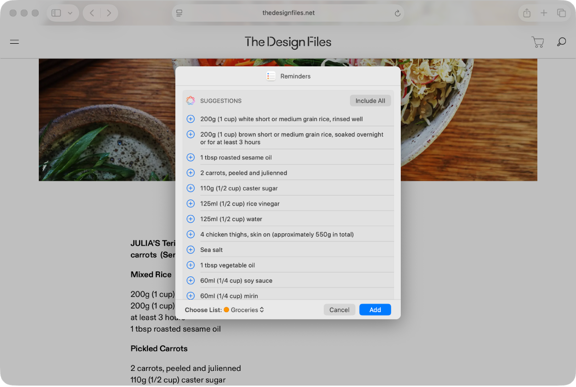 Voorgestelde herinneringen uit een recept dat is geopend in Safari.