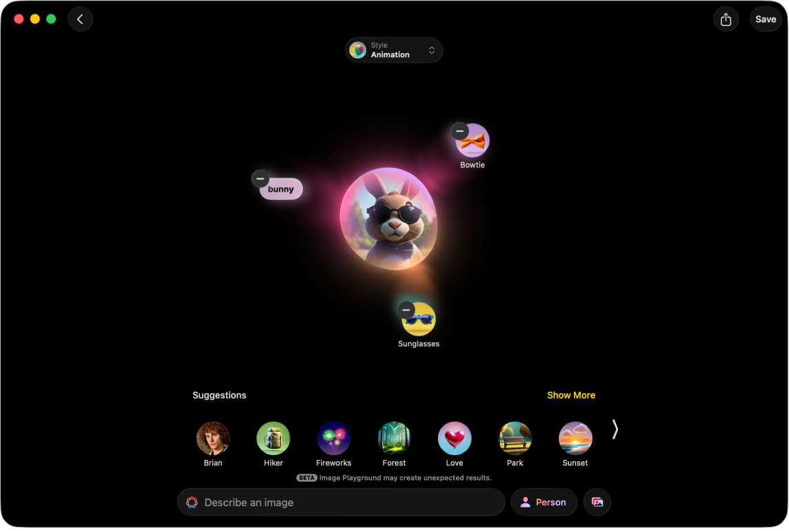 Het venster van de Image Playground-app, met een afbeelding van een konijn met een zonnebril.