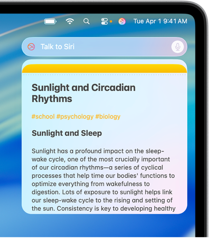 Spørsmål- og svarfeltet til Siri øverst i høyre hjørne på skrivebordet på Mac.