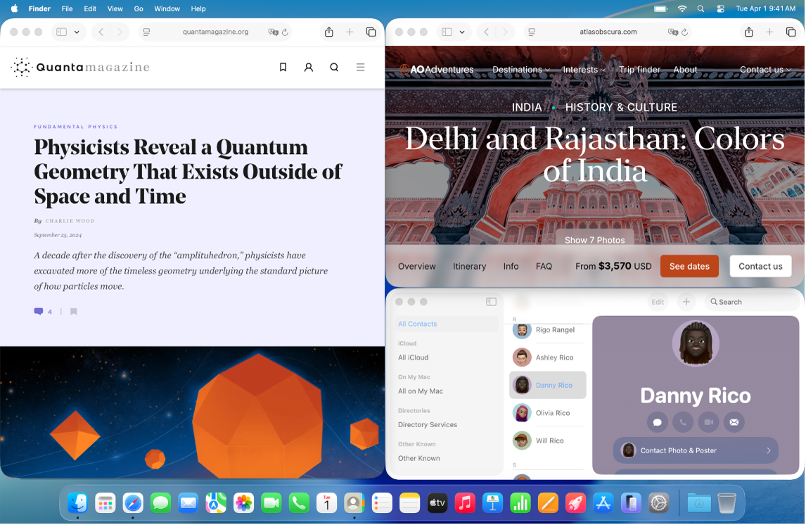 Uma mesa do Mac mostrando três janelas em mosaico: uma no lado esquerdo, uma no canto superior direito e uma no canto inferior direito.