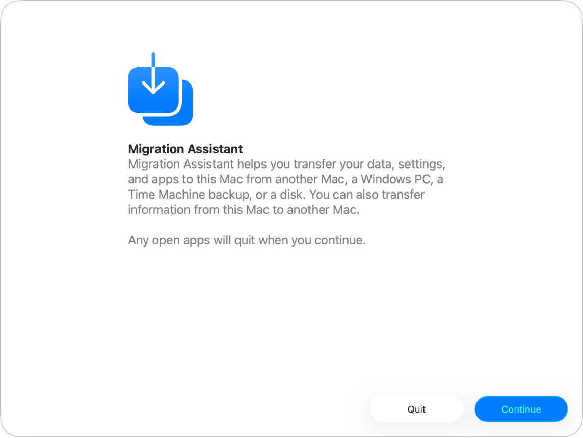 A janela do Assistente de Migração.